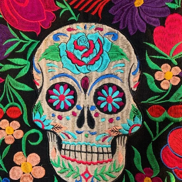Vibrant Colors Embroidered Floral Skull Tote Bag - Multicolor Extra Large - Picture 3 of 8